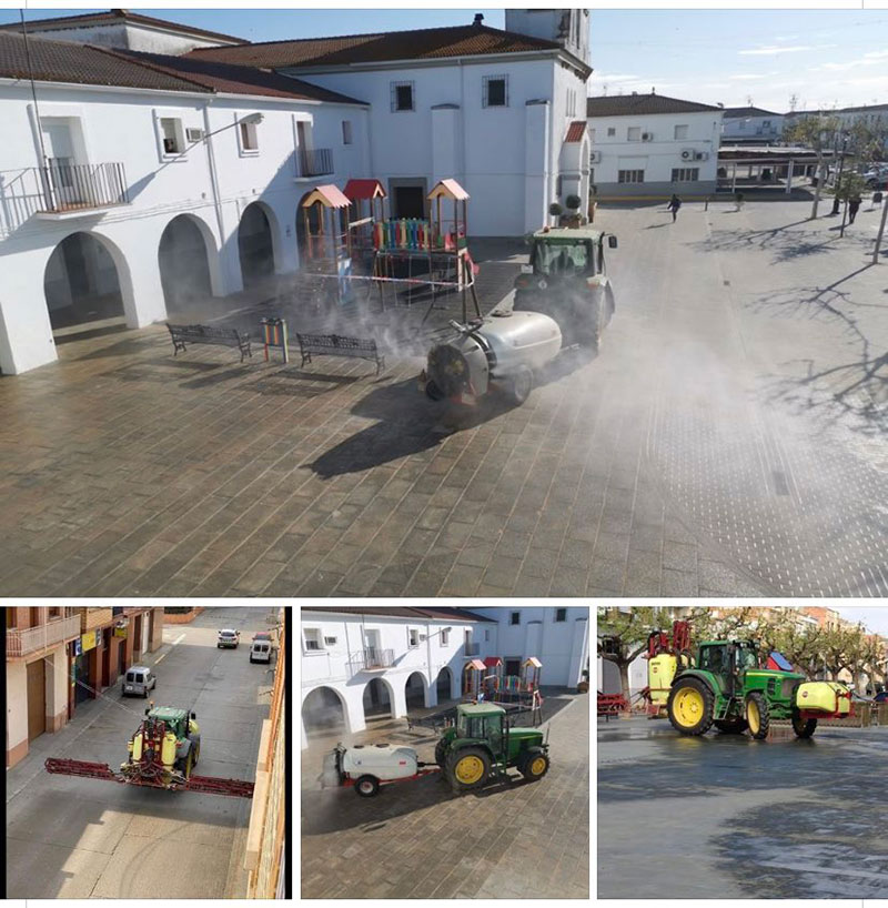 Agricultores en tareas de desinfeccion en las calles de Guadiana, Badajoz, y Alparràs, Lérida. /joseantonioarcos.es